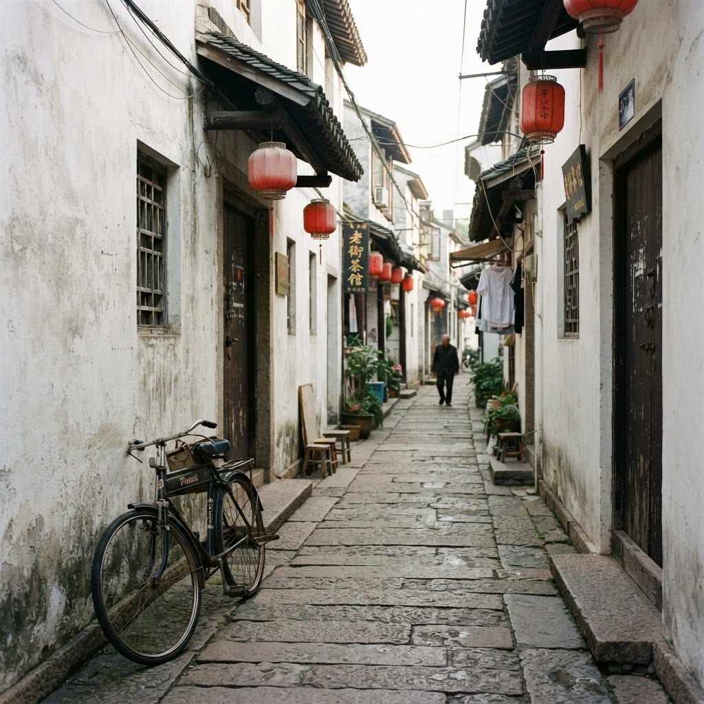 Quiet old street in Suzhou with traditional white walls and red lanterns